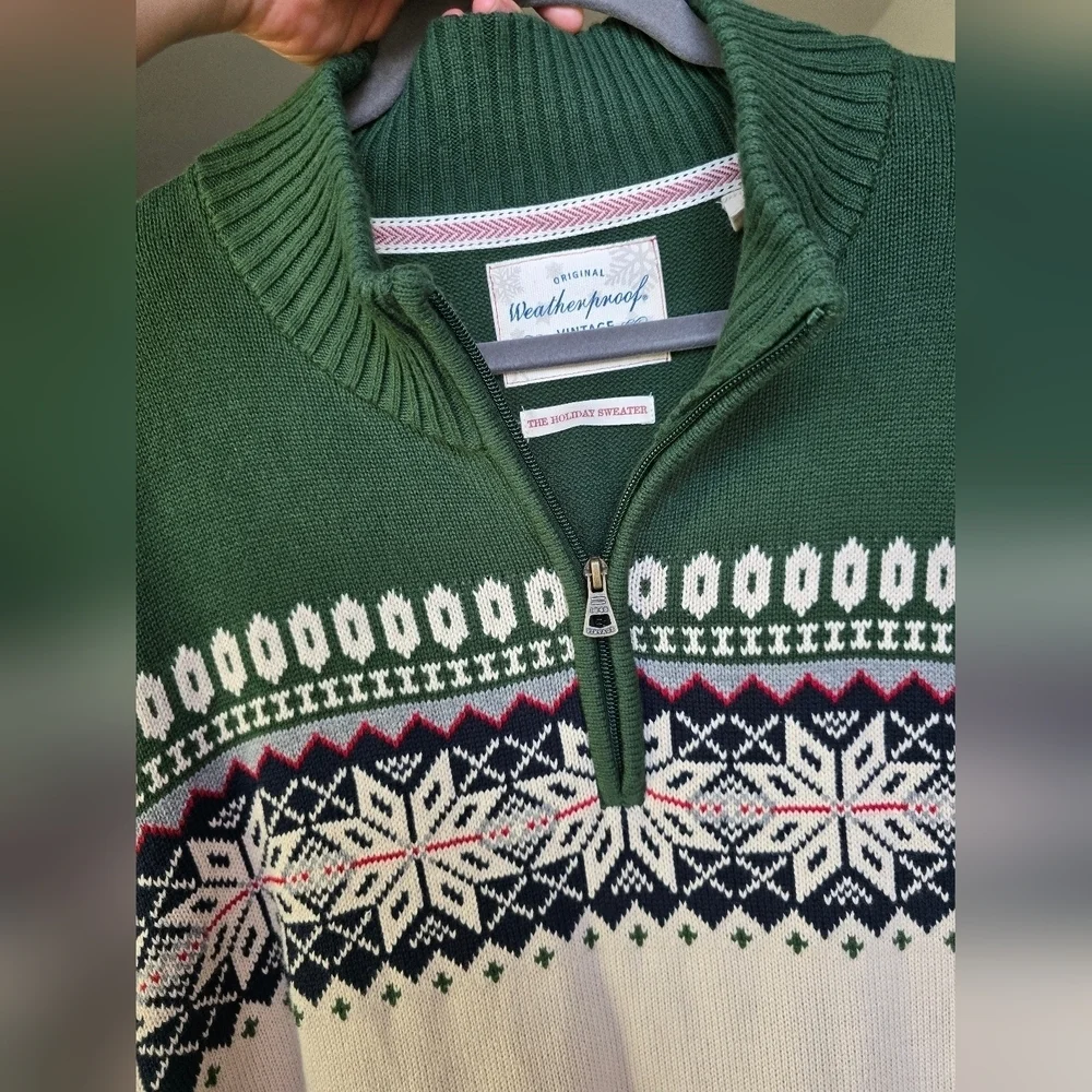Weatherproof Nordic Green and Cream Zip Up Sweater Vintage